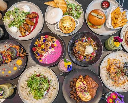 An overhead spread of Soul Café plates